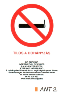 Dohányozni tilos matrica, 4 nyelvű, ANTSZ és Korm. rendelet alapján ant2